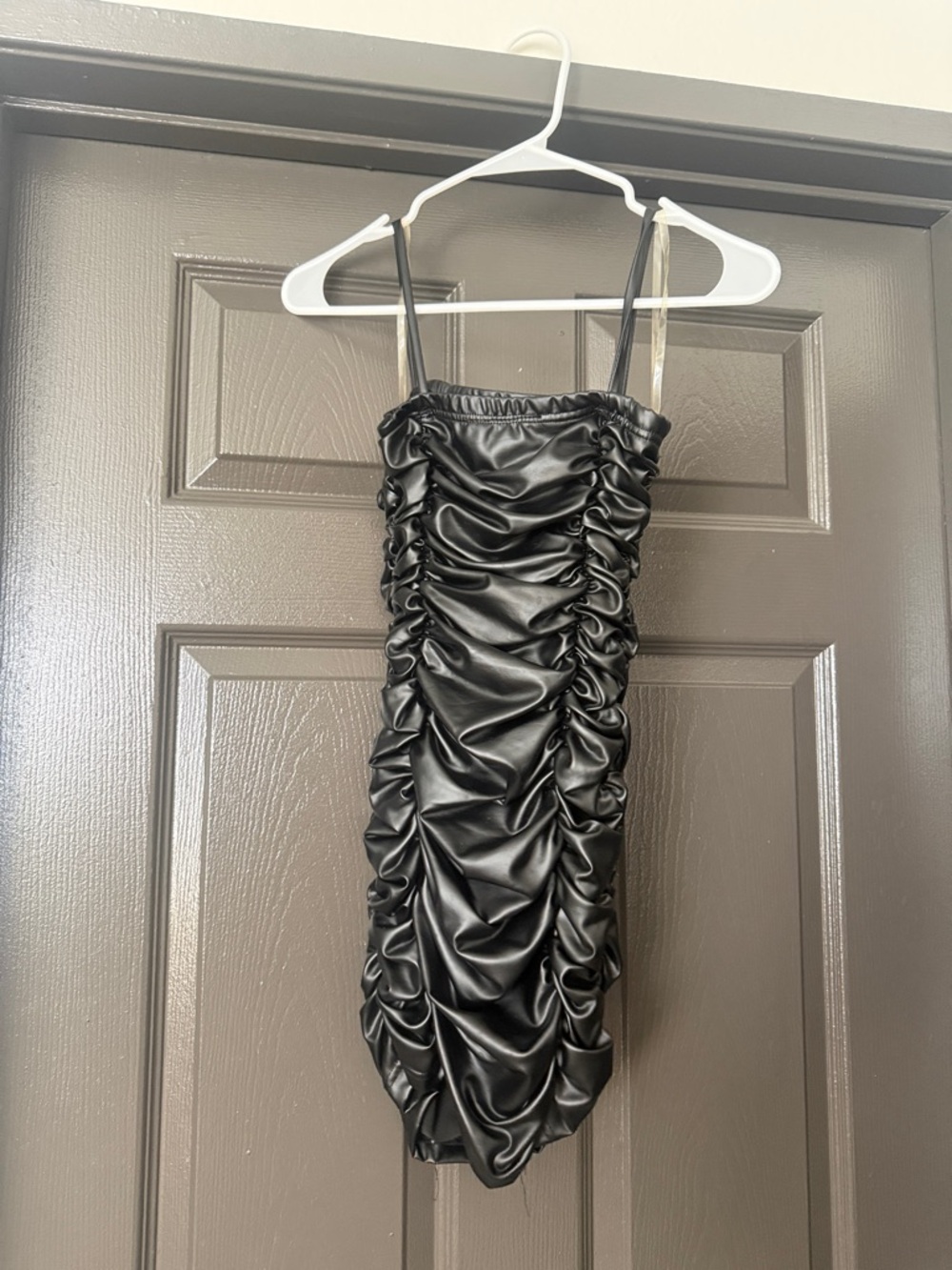 Black Ruched Faux Leather Slip Dress